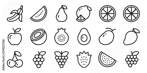 monochrome fruit icons vector collection fruits banana apple watermelon kiwi avocado ai eps png