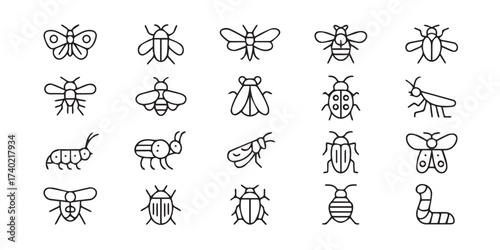 minimalist bug icon set 20 black and white vector illustrations bees beetles flies ants caterpillar snail eps ai