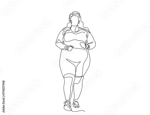 Overweight woman doing sports, running one line art. Continuous line drawing of body positive, overweight,Hand drawn one line vector. Editable stroke	