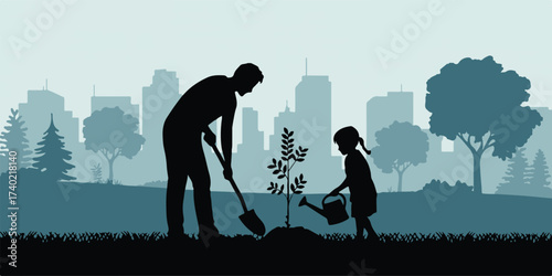 environmental stewardship adult planting tree while child waters sapling urban skyline vector illustration
