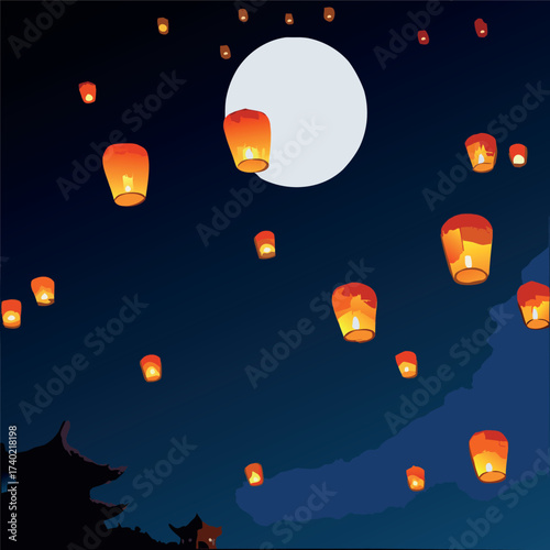 Full moon and red lanterns in the night sky icon