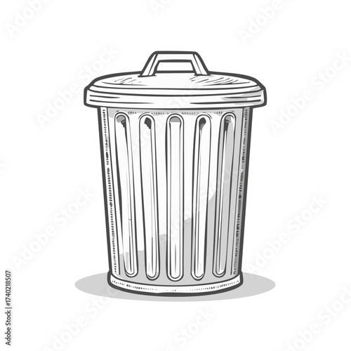 Sketch of a silver metal trash can with a lid and a shadow