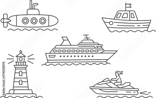 Nautical transportation line art collection featuring cruise ship and jet ski