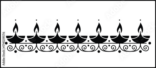 Indian Diwali Lights: A detailed line art of traditional Indian Diwali lights arranged in a pattern on a neutral canvas representing light over darkness, auspicious celebration and festival.