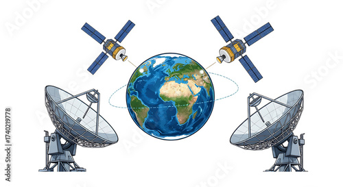 Vector art of global communication network with satellite and antenna