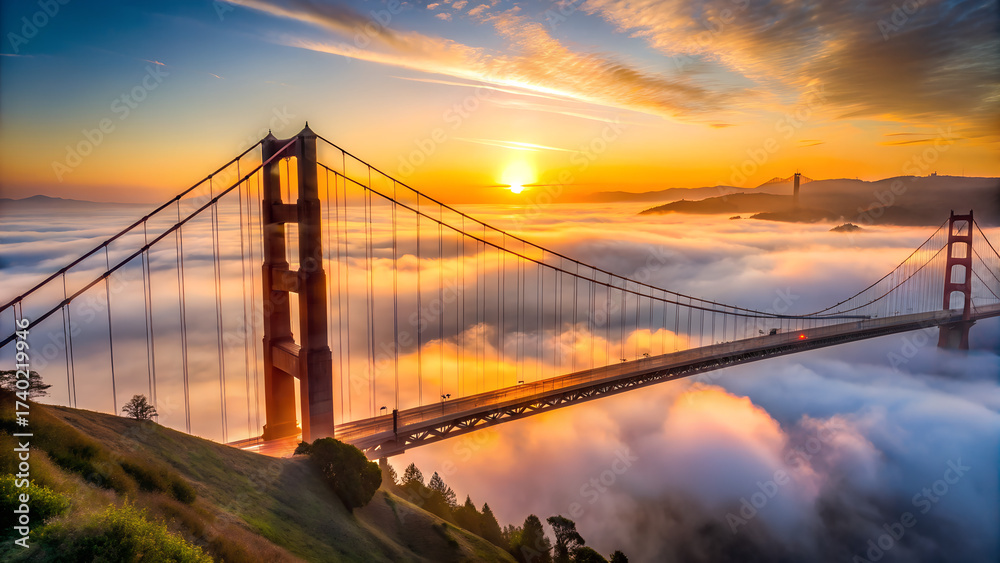 Obraz premium Golden gate bridge shrouded in fog at sunrise, with the sun peeking through the clouds, casting a warm glow over the iconic san francisco landmark