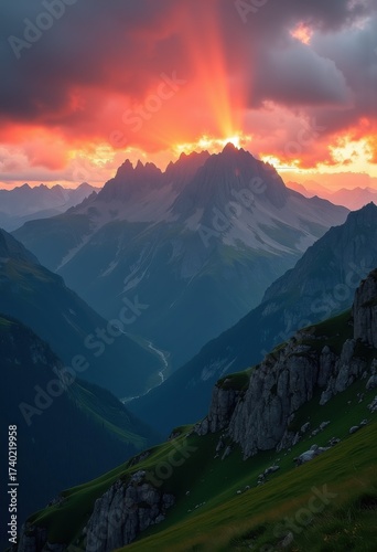 Vibrant Sunset Over Majestic Mountain Range Illuminating Lush Green Valleys and Dramatic Skies