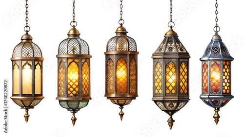 Collection of ornate ramadan lanterns isolated on transparent background, showcasing the intricate designs and warm glow of these traditional islamic decorations