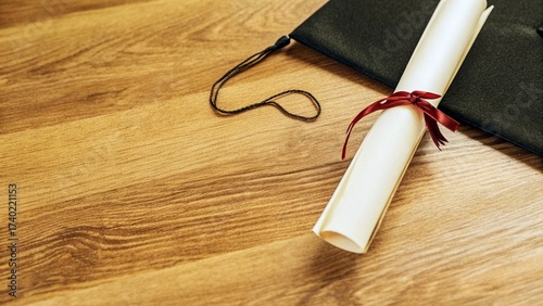 Foto Graduation cap and diploma on a wooden surface, symbolizing academic achievement