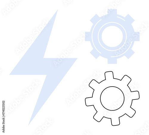 Lightning bolt and two gears, one outlined, symbolizing energy, technology, mechanical processes, innovation, progress, collaboration development. Ideal for energy automation engineering