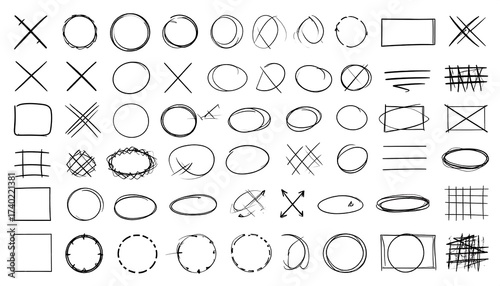 Collection of hand-drawn shapes, crosses, circles, squares, and scribbles illustrations