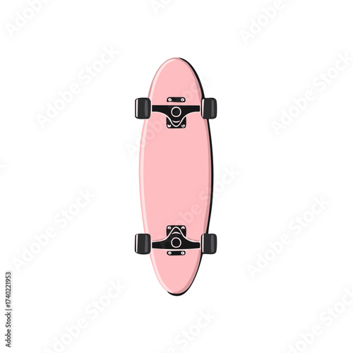 Stylized pink longboard or cruiser skateboard illustration isolated Top view of a pastel colored recreational sports equipment