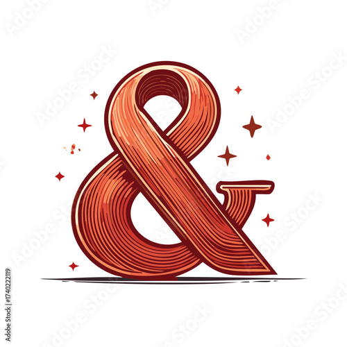 Vintage engraved ampersand symbol illustration with 3D effect and decorative stars
