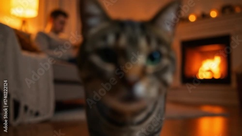 Tabby cat in focus with blurred man relaxing by fireplace at home  