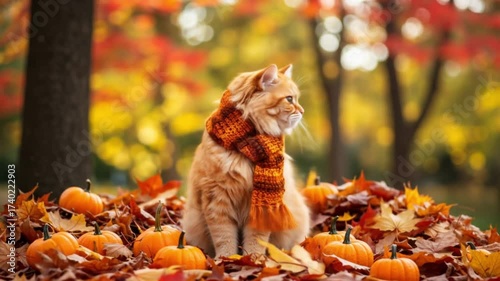 Ginger cat sitting among autumn leaves and pumpkins in the park  