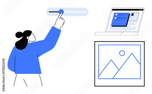 Person sliding control on interface, viewing laptop screen with UI elements and image selection. Ideal for customization, user experience, settings, interface design, media setup, creativity