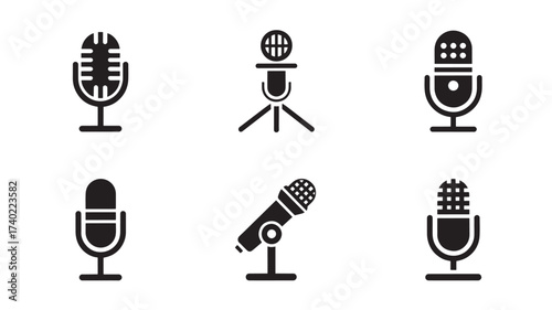 Set of microphone icons simple black glyph vector design perfect for podcasting and audio recording applications
