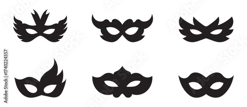 Superhero or thief mask with eye slits vector black icon set. Masquerade costume mask silhouette hidden villain or burgar face. Simple design carnival incognito party masque clip art illustration. eps