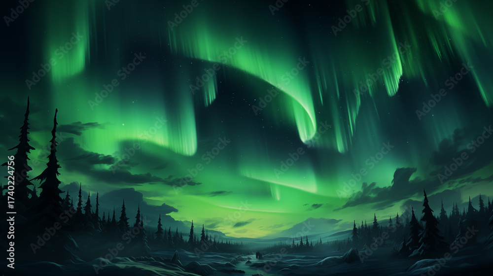 Fototapeta premium vibrant aurora borealis over dark winter landscape
