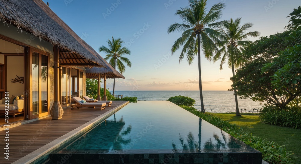 Fototapeta premium Tranquil pool house overlooking ocean