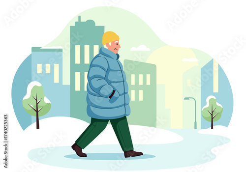 Elderly man in a down coat walking in a winter city