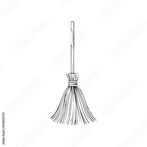 Illustration of a Broom, Wood Handle, Classic Cleaning Tool, Witchcraft and Magical Symbol