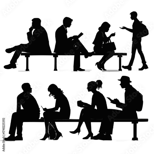 Silhouettes of people sitting and standing on benches using phones and reading in a public space area