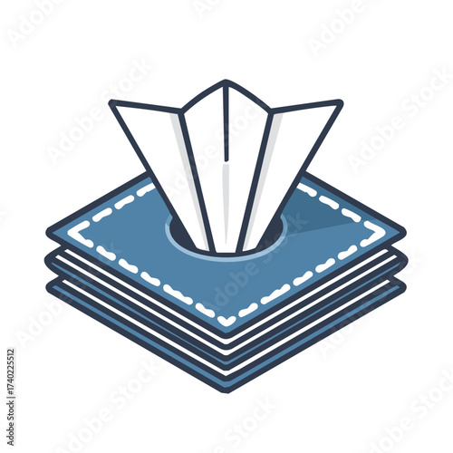 Blue tissue box square shape with white tissues coming out on white