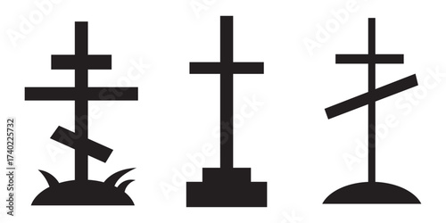 Grave and tombstone icon set with crosses and headstones. Black silhouettes for Halloween, cemetery, funeral, or memorial designs.