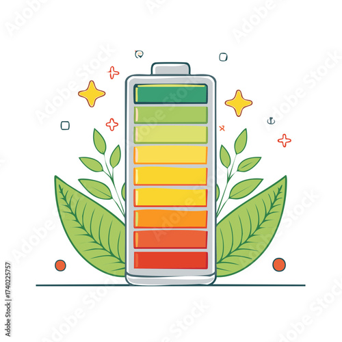 Charging Battery Indicator with Leaves and Stars, Energy Illustration