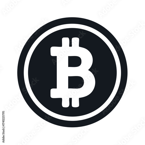 Minimalistic bitcoin currency icon in black circle shape over white