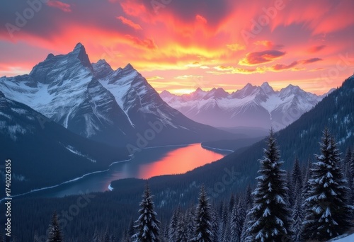 Majestic Mountains Under Vibrant Sunset Nature Scene Dramatic Sky Color Palette Breathtaking Landscape Wilderness