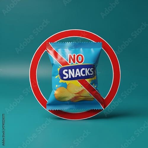 Forbidden snacks concept with a red prohibition symbol over a bag of potato crisps, representing a healthy diet and lifestyle choice