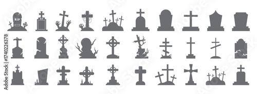 Collection of Tombstone and Gravestone Icons in Black and White