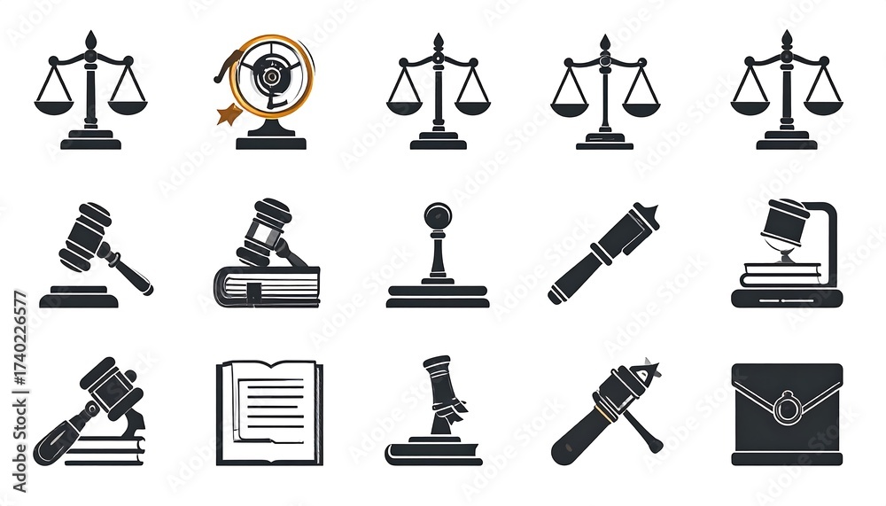Obraz premium Collection of Legal and Justice Icons in Black and White Isolated on White