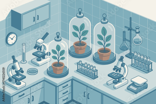 Illustration tools measurement under lab modern microscopes domes potted biology glass vector