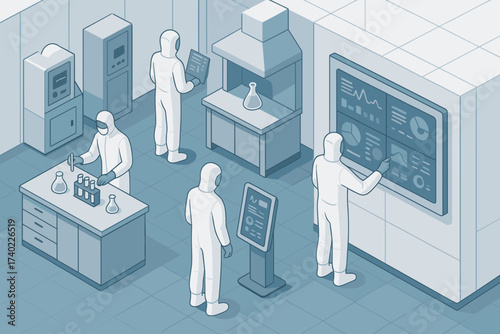 Illustration lab scientists vector advanced wearing monitoring suits protective panels environment sterile