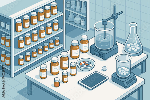 Equipment illustration vector tablets rows pill shelves mixing pharmaceutical lab