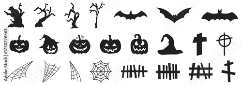 Big set of silhouettes of Halloween on a black background. Vector illustration.