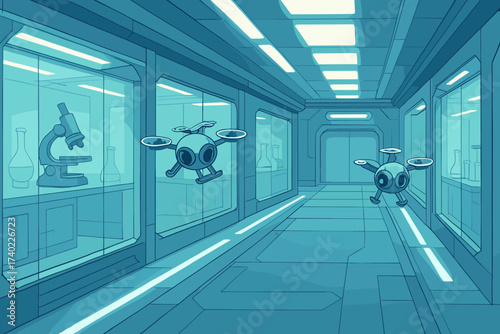 Glowing clean hovering illustration futuristic corridor drones robotic glass vector lab