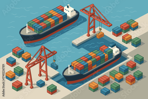 Containers cargo cranes stacked piers large vector illustration harbor ships colorful unloading