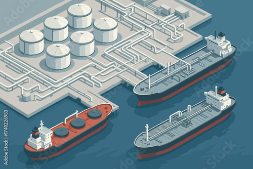Illustration anchored tanker vector harbor tanks vessels pipelines terminal docks oil