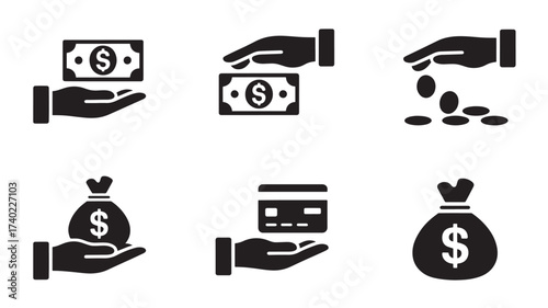 Set of finance icons hand holding money and credit card simple flat vector design for business and investment concepts