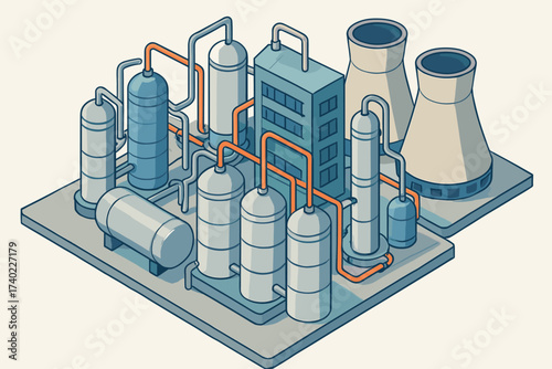 Towers processing tanks cooling factory vector illustration cylindrical plant modern pipes chemical