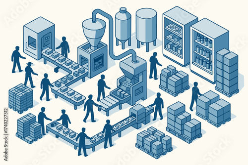 Refrigerated goods sections workers factory illustration processing modern packaged silhouettes food vector