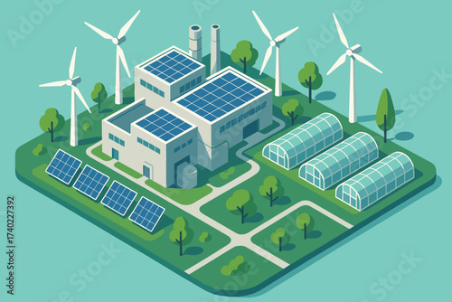 Turbines greenhouses roof futuristic plant around vector illustration eco wind factory solar