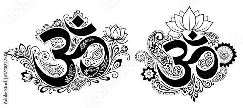 Ornamental Om Symbols with Lotus Flowers