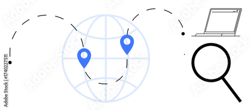 Globe with location pins, magnifying glass, laptop, and dashed lines representing global search, travel, or connections. Ideal for navigation, research, ecommerce technology globalization