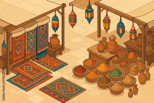 Rugs hanging vector lanterns exotic illustration spices pots scene bazaar bowls
