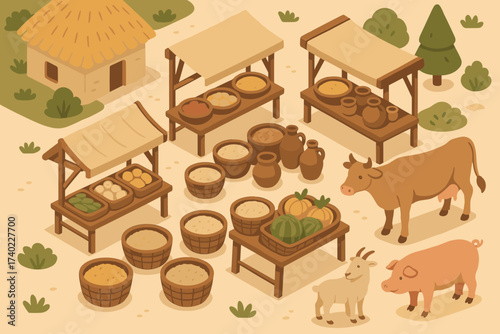 Market marketplace nearby village clay illustration vector rural livestock baskets grains